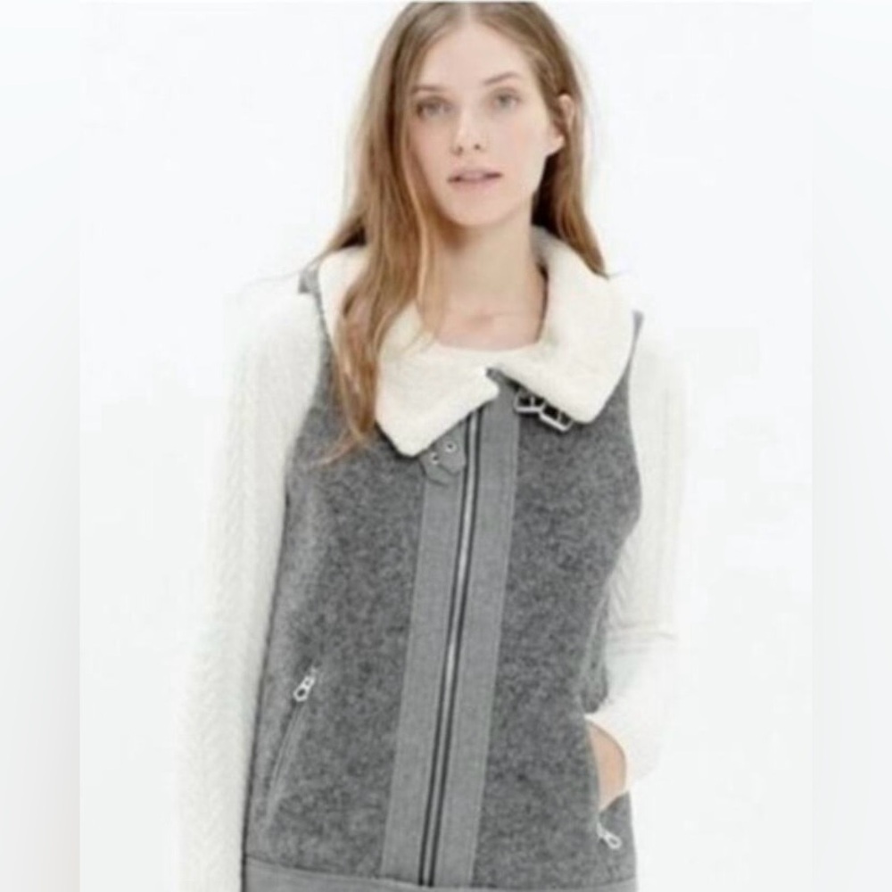 Madewell Wool Zip Motorcycle Style Gray Vest with Sherpa Lining